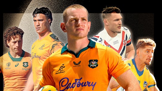 The Wallabies backline could be stacked in 2027. From left to right, Mark Nawaqanitawase, Joseph-Aukuso Suaalii, Max Jorgensen, Angus Crichton, Zac Lomax.