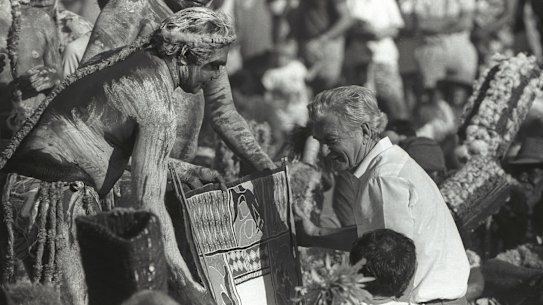 Prime minister Bob Hawke receives the Barunga Statement from Galarrwuy Yunupingu in 1988.