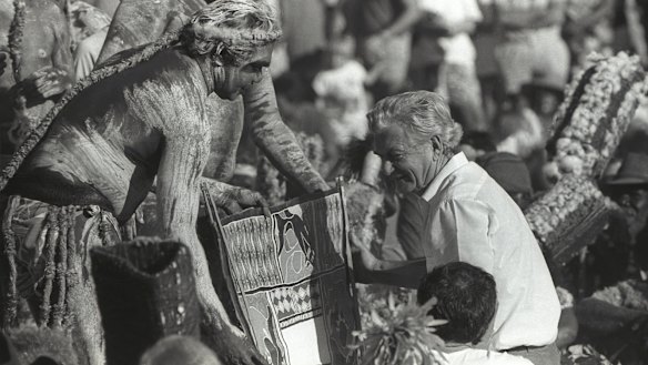 Then prime minister Bob Hawke receives the Barunga statement from Galarrwuy Yunupingu in Arnhem Land in 1988.