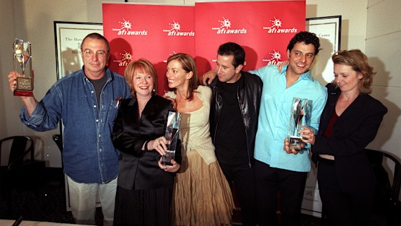 Lantana swept the 2001 AFI awards, winning best film and director, as well as sweeping the acting categories. Pictured at the awards are (from left) director Ray Lawrence, producer Jan Chapman and actors Kerry Armstrong, Anthony LaPaglia, Vince Colosimo and Rachael Blake. 