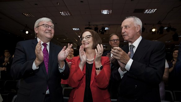 Former prime ministers Kevin Rudd,  Julia Gillard and Paul Keating at the Labor Party campaign launch earlier this month.
