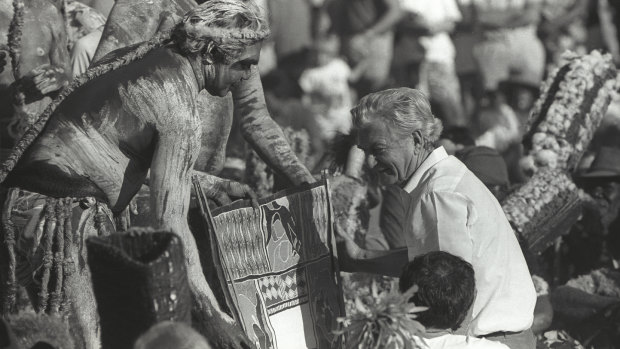 Then prime minister Bob Hawke receives the Barunga statement from Galarrwuy Yunupingu in Arnhem Land in 1988.