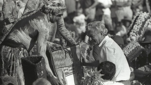 Then Prime Minister Bob Hawke receives the Barunga statement from Galarrwuy Yunupingu in Arnhem Land in the Northern Territory in 1988.