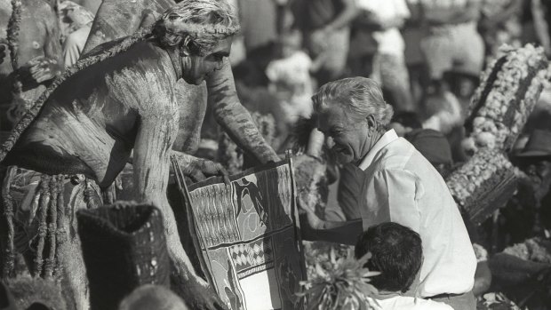 Bob Hawke receives the Barunga statement from Galarrwuy Yunupingu in Arnhem Land in Northern Territory.