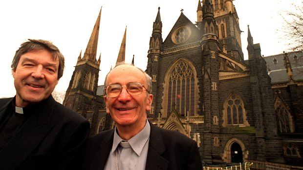 New Archbishop, George Pell, stands with the retiring Archbishop, Frank Little, outside St Patricks in Melbourne in 1996.