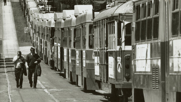 Trams line up during the long-running dispute about the removal of conductors from Melbourne trams in 1990. 