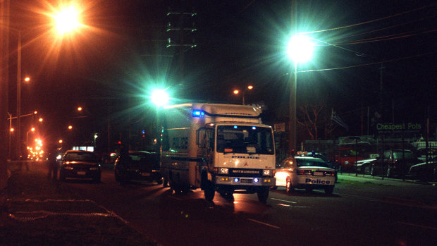 The scene in Cochranes Road, Moorabbin in 1998 after the two officers were killed.