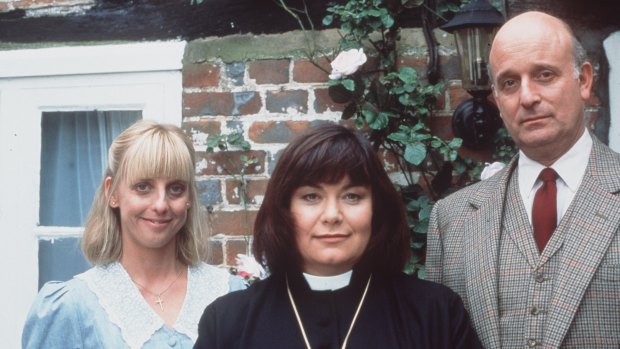 Alice Tinker (Emma Chambers), Vicar Geraldine (Dawn French) and David Horton (Gary Waldhorn) in The Vicar of Dibley Christmas special 1997. 