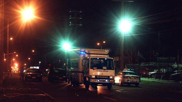 The scene in Cochranes Road, Moorabbin, in 1998 after the two officers were killed.