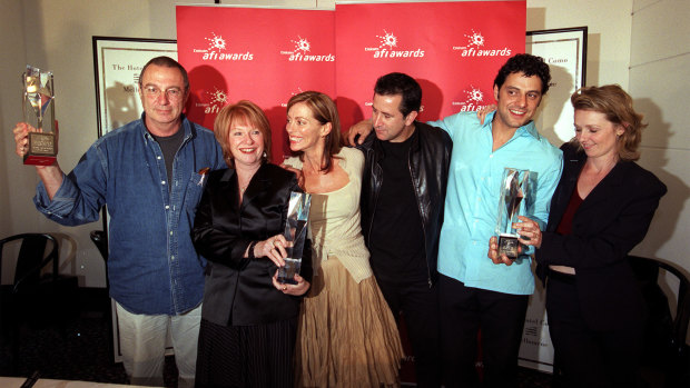 Lantana swept the 2001 AFI awards, winning best film and director, as well as sweeping the acting categories. Pictured at the awards are (from left) director Ray Lawrence, producer Jan Chapman and actors Kerry Armstrong, Anthony LaPaglia, Vince Colosimo and Rachael Blake. 