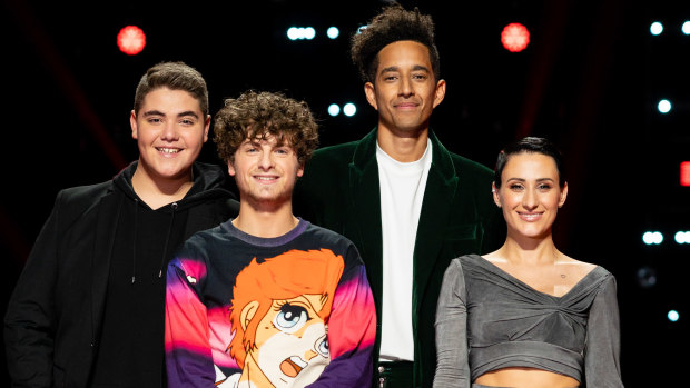 The Voice's final four: Jordan Anthony, Daniel Shaw, Zeek Power, and Diana Rouvas.