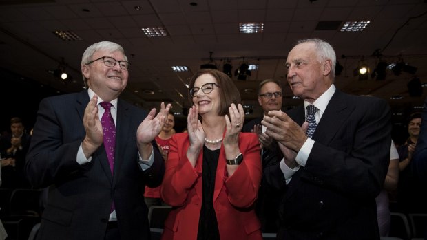 Former prime ministers Kevin Rudd,  Julia Gillard and Paul Keating at the Labor Party campaign launch earlier this month.