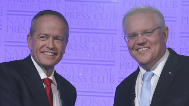 Opposition Leader Bill Shorten and Prime Minister Scott Morrison  at the National Press Club on Wednesday.