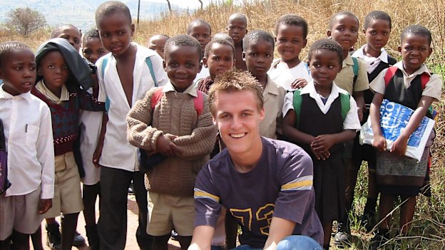 Evans in 2003 in Embo, a rural township near Durban, South Africa, where he spent his gap year overseeing development projects.