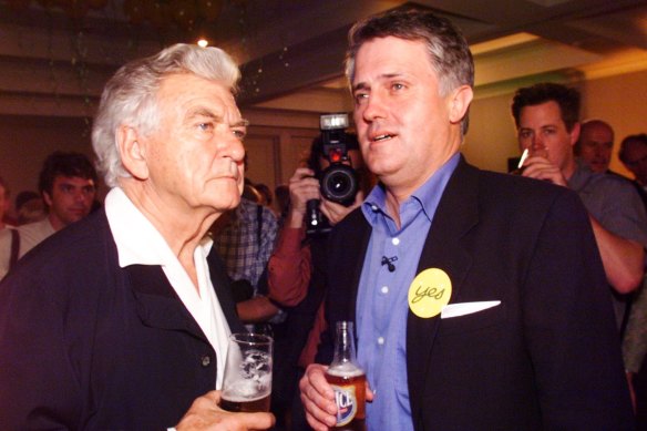 Yes campaign leader Malcolm Turnbull with Bob Hawke on the night of the 1999 republic referendum.