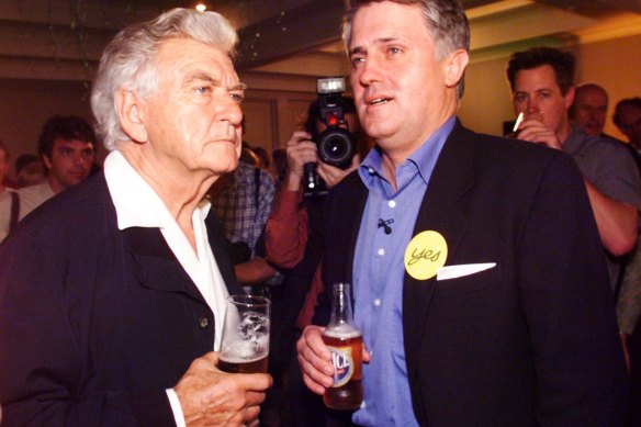 Yes campaign leader Malcolm Turnbull with Bob Hawke on the night of the 1999 republic referendum.