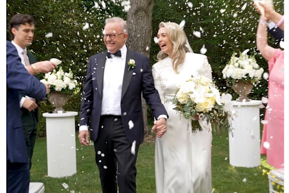 Anthony Albanese and Jodie Haydon at their wedding on Saturday.