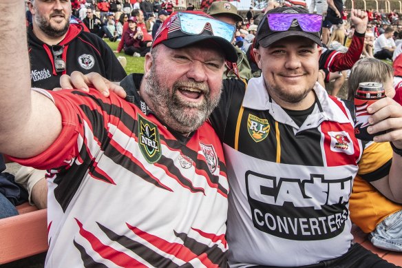 Bears fans Craig Gray and Josh Averell at North Sydney Oval on Sunday for the NSW Cup match against Newtown.