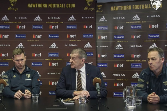 Then-president Jeff Kennett announces Hawthorn’s Alastair Clarkson/Sam Mitchell succession plan in 2021.