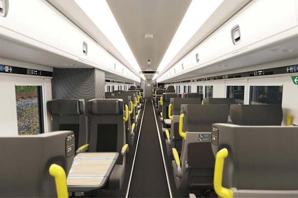 A render of the interior of a new regional train’s economy cabin.