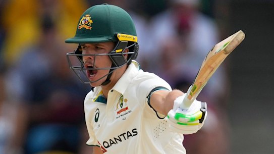 Australia’s Sam Konstas plays a shot from the a delivery of West Indies’ Jayden Seales during day one of the first cricket Test match at Kensington Stadium in Bridgetown, Barbados, Wednesday, June 25, 2025. (AP Photo/Ricardo Mazalan)
