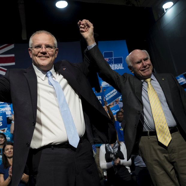 Prime Minister Scott Morison with his predecessor John Howard at a Liberal Party rally.