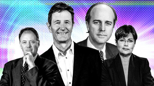 Past and present Media Watch hosts. [L-R] Richard Ackland, Paul Barry, Stuart Littlemore, Monica Attard