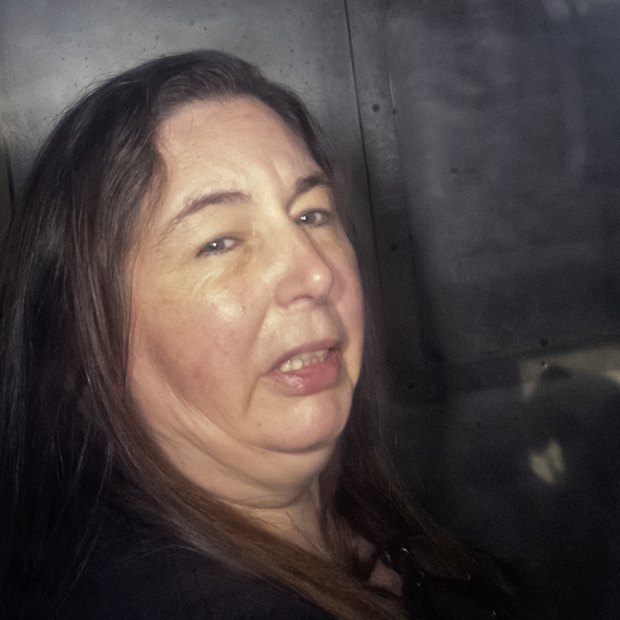 Erin Patterson arriving in the back of a prison van at Latrobe Valley Magistrate’s Court in Morwell.