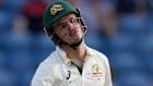 Australia’s Sam Konstas reacts after he was bowled out for a duck by West Indies’ Jayden Seales.