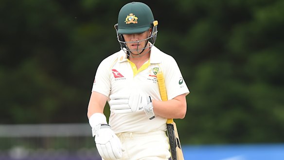 Missed chance: Marcus Harris heads back to the pavillion after being run out during the tour match between Derbyshire and Australia at The County Ground.