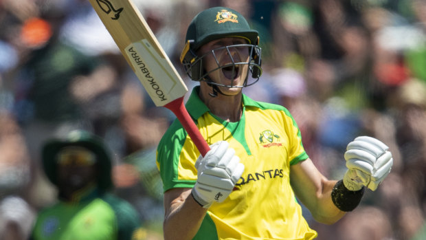 Marnus Labuschagne celebrates his century during the third and final one-day international match at Senwes Park, Potchefstroom.