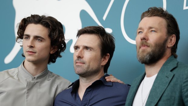 Timothee Chalamet, David Michod and Joel Edgerton at the photocall for The King at Venice Film Festival.
