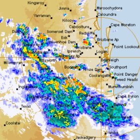 The storms moving east from Toowoomba towards the south-east Queensland coast on Monday afternoon.