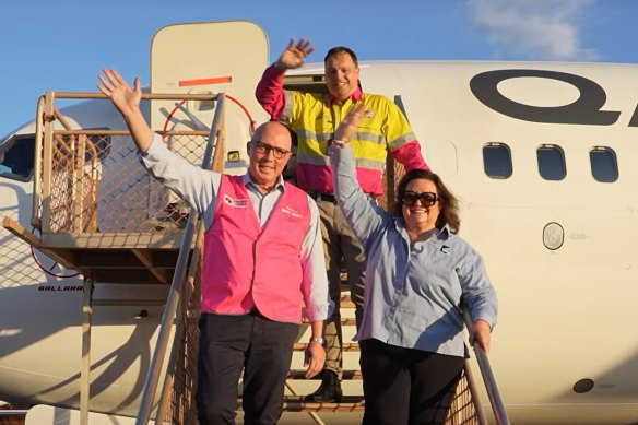 A promotional video from Hancock Prospecting shows Opposition Leader Peter Dutton with Gina Rinehart and Roy Hill CEO Gerhard Veldsman.