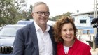 Prime Minister Anthony Albanese and the new member for Dunkley, Jodie Belyea, on their way to Oliver’s Corner cafe in Frankston on Sunday morning.