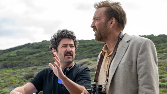 Director Lorcan Finnegan with Nicolas Cage on the set of The Surfer in Yallingup.