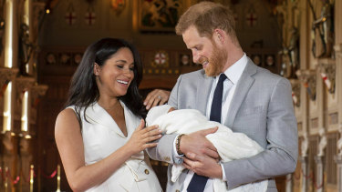 Britain's Prince Harry and Meghan, Duchess of Sussex, during a photocall with their newborn son.