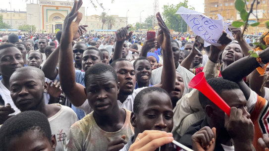 Supporters of mutinous soldiers demonstrate in Niamey, Niger.
