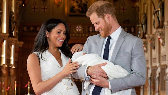 Britain's Prince Harry and Meghan, Duchess of Sussex, during a photocall with their newborn son.