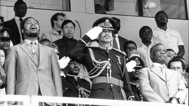 Ian Khama, then Deputy Chief of the Botswana Army, taking the salute at celebrations marking the 15th anniversary of Botswana independence in 1982. 