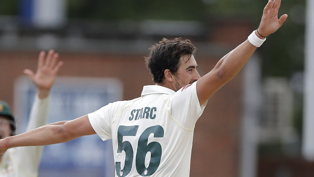 Raring to go: Mitchell Starc impresses in the tour match against Derbyshire. He is in line to play his first Test of this year's Ashes series in Manchester.