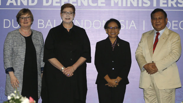 From left, Australia, Defence Minister Linda Reynolds and Foreign Minister Marise Payne with Indonesia's Defence Minister Prabowo Subianto and Foreign Minister Retno Marsudi before their bilateral meeting in Bali.