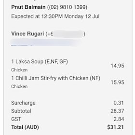 The receipt for virtual lunch with John Doyle.