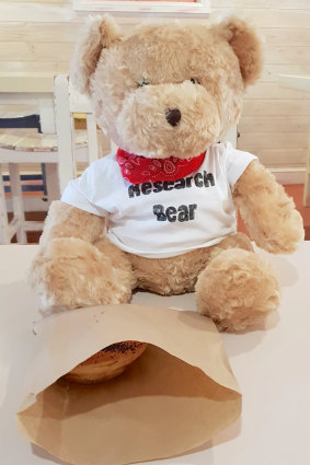 The ANU’s Research Bear stopped for pie at Braidwood on the way to Poohs Corner. 