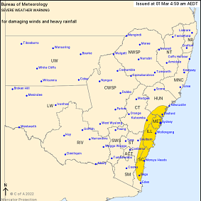 There is a severe weather warning for damaging winds and heavy rainfall on Tuesday for the regions in yellow.
