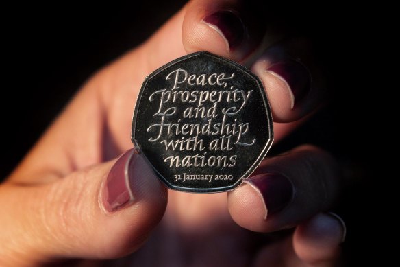 The Brexit coin, a 50 pence piece, bears the inscription "Peace, prosperity and friendship with all nations" and the date the UK leaves the EU.