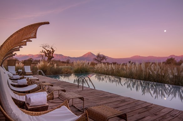 The refurbished lodge’s infinity pool with volcano views.