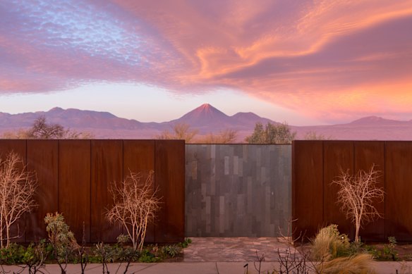 An interior patio of Tierra Atacama with views to Licancabur Volcano.