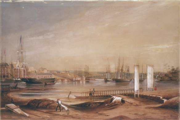 Circular Quay, 1839, watercolour by F. Garling