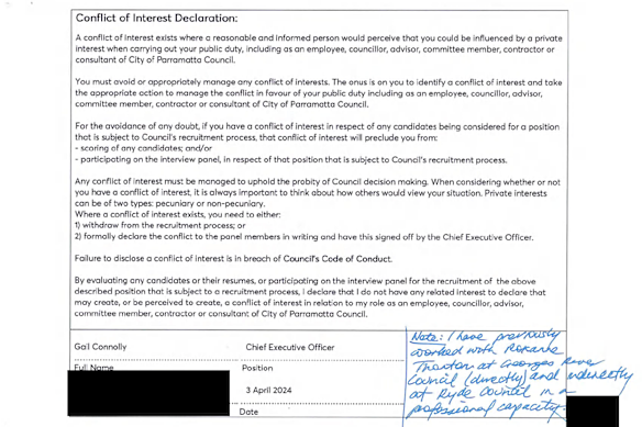 The conflict of interest disclosure made by Connolly for the hiring panel she sat on while interviewing Roxanne Thornton.